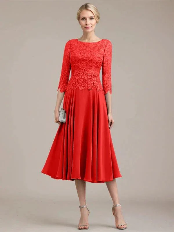 A-line Scoop Tea-Length Lace Chiffon Mother of the Bride Dress - Image 36