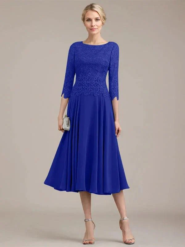 A-line Scoop Tea-Length Lace Chiffon Mother of the Bride Dress - Image 37