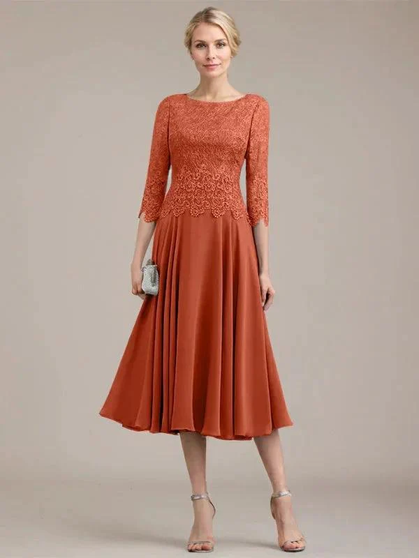 A-line Scoop Tea-Length Lace Chiffon Mother of the Bride Dress - Image 38