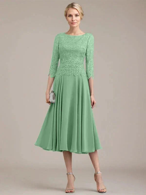 A-line Scoop Tea-Length Lace Chiffon Mother of the Bride Dress - Image 39