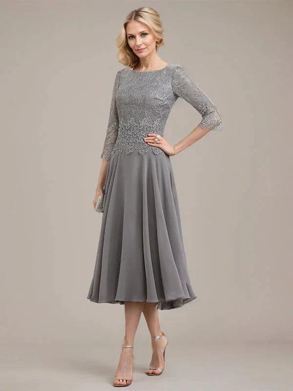 A-line Scoop Tea-Length Lace Chiffon Mother of the Bride Dress - Image 4
