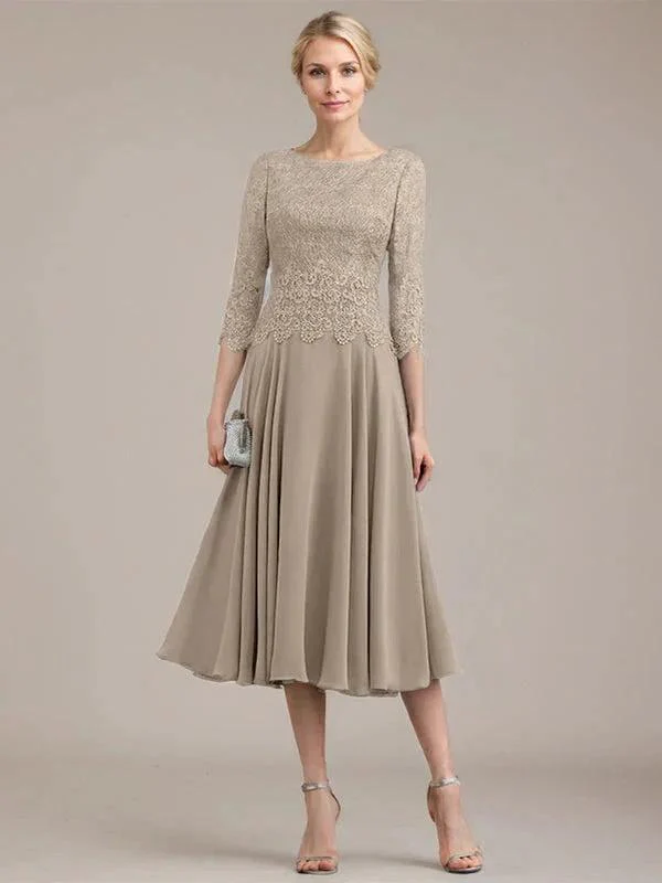 A-line Scoop Tea-Length Lace Chiffon Mother of the Bride Dress - Image 40