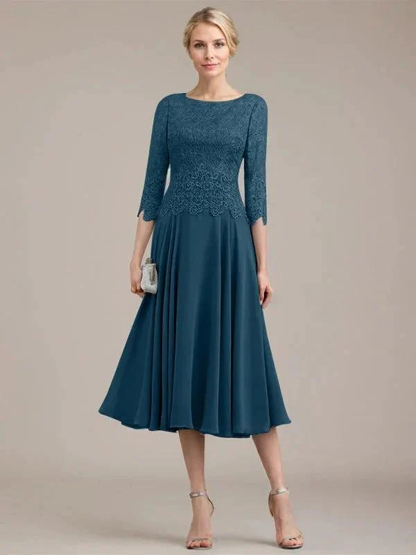 A-line Scoop Tea-Length Lace Chiffon Mother of the Bride Dress - Image 41