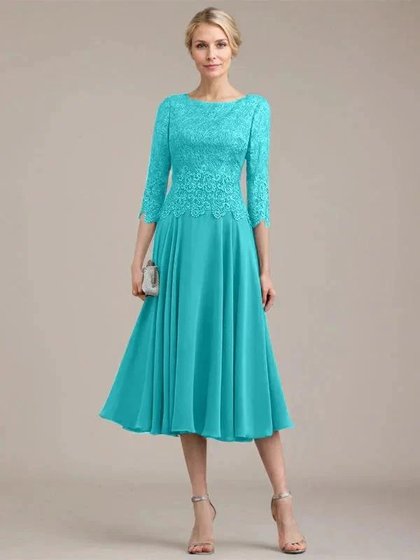A-line Scoop Tea-Length Lace Chiffon Mother of the Bride Dress - Image 42