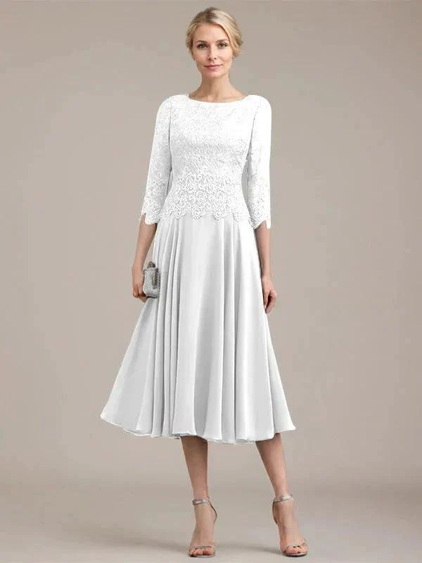A-line Scoop Tea-Length Lace Chiffon Mother of the Bride Dress - Image 43