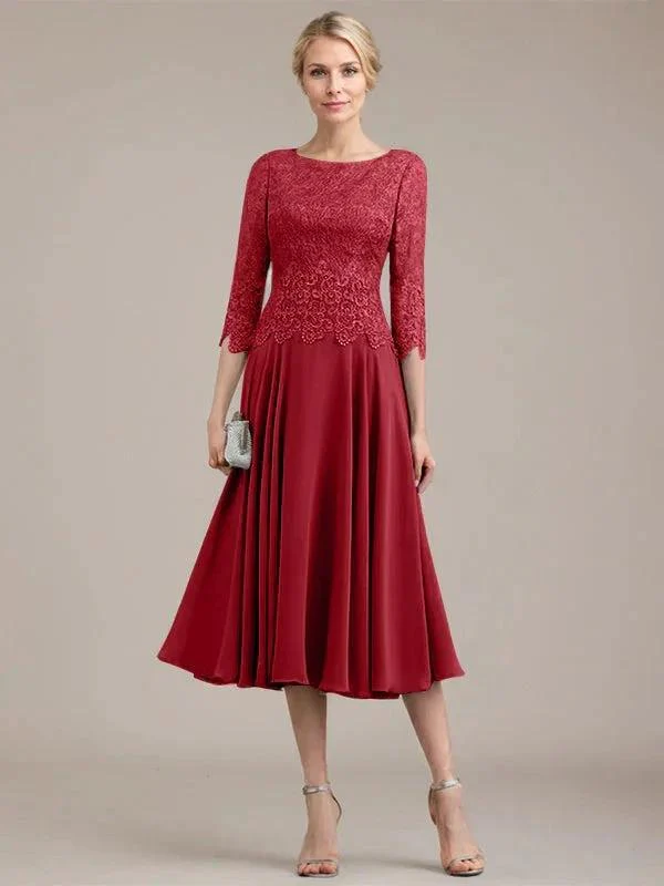 A-line Scoop Tea-Length Lace Chiffon Mother of the Bride Dress - Image 44