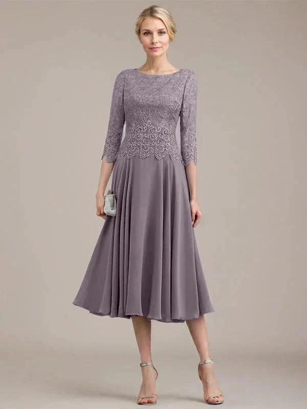 A-line Scoop Tea-Length Lace Chiffon Mother of the Bride Dress - Image 45