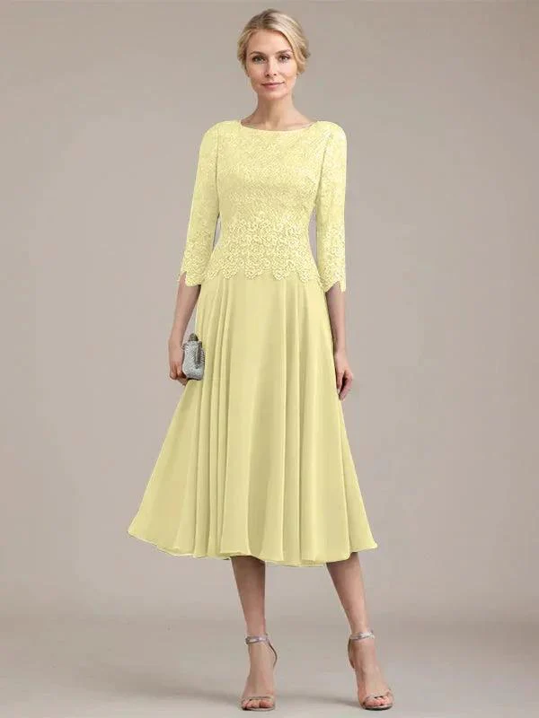 A-line Scoop Tea-Length Lace Chiffon Mother of the Bride Dress - Image 46