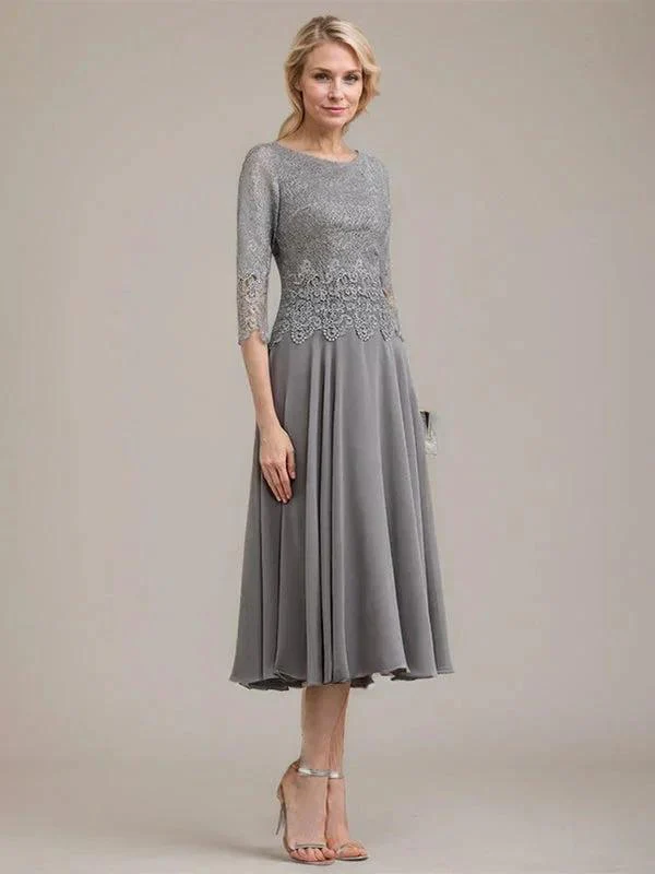 A-line Scoop Tea-Length Lace Chiffon Mother of the Bride Dress - Image 5
