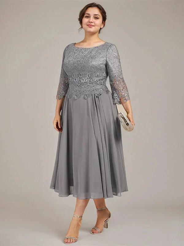 A-line Scoop Tea-Length Lace Chiffon Mother of the Bride Dress - Image 6