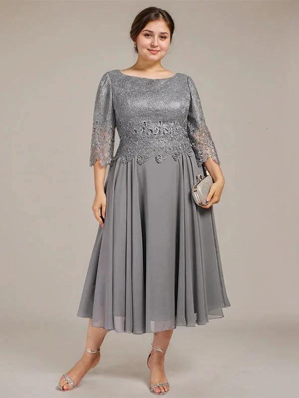 A-line Scoop Tea-Length Lace Chiffon Mother of the Bride Dress - Image 7