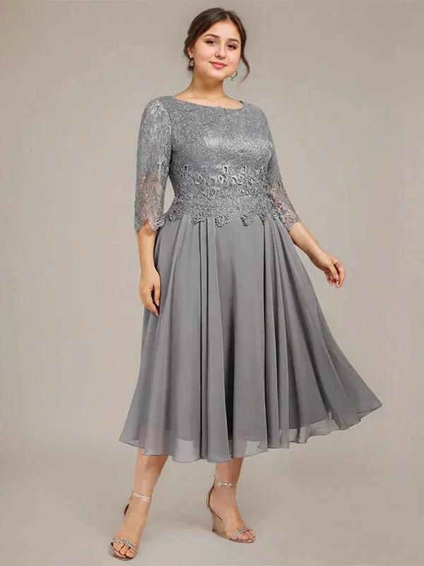 A-line Scoop Tea-Length Lace Chiffon Mother of the Bride Dress - Image 8