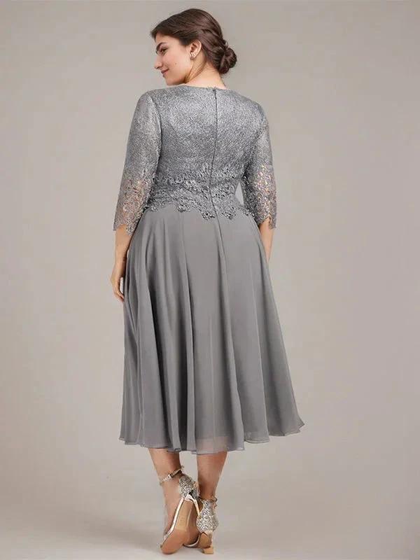 A-line Scoop Tea-Length Lace Chiffon Mother of the Bride Dress - Image 9