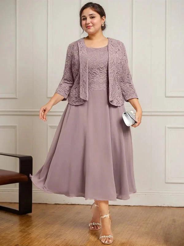 A-line Scoop Tea-Length Lace Chiffon Mother of the Bride Dress - Image 10