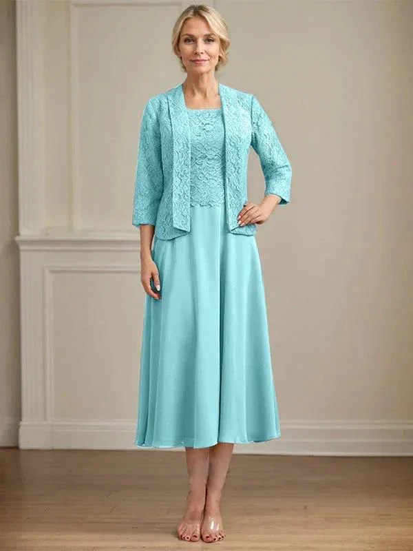 A-line Scoop Tea-Length Lace Chiffon Mother of the Bride Dress - Image 11
