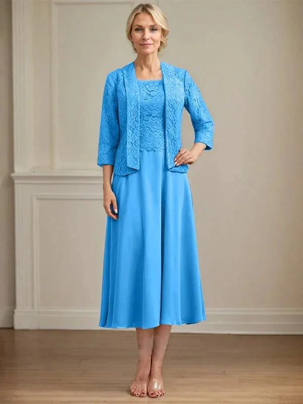 A-line Scoop Tea-Length Lace Chiffon Mother of the Bride Dress - Image 13