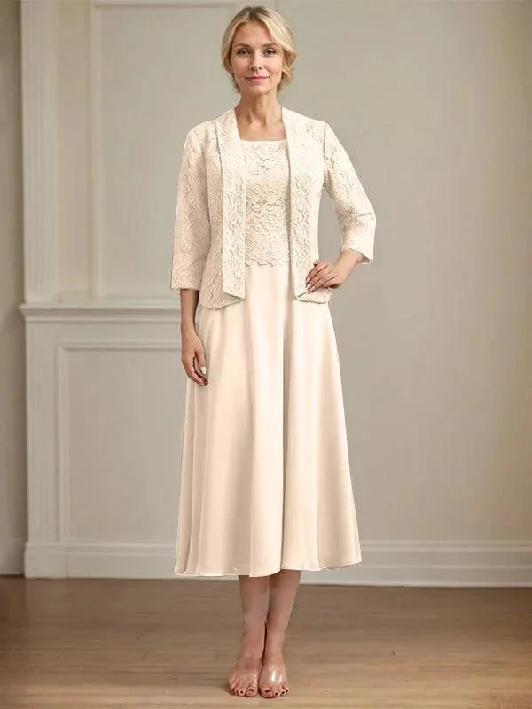 A-line Scoop Tea-Length Lace Chiffon Mother of the Bride Dress - Image 14