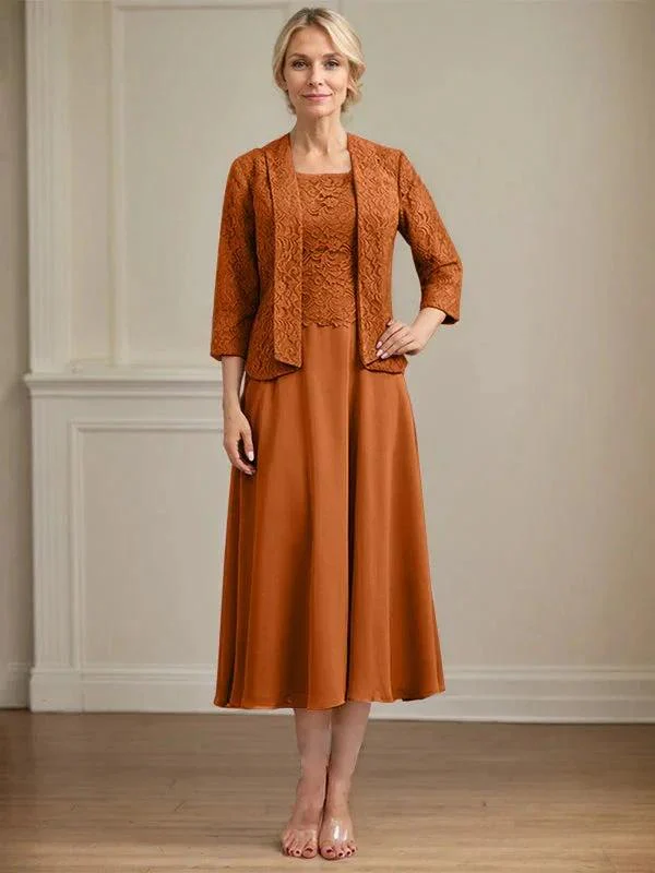 A-line Scoop Tea-Length Lace Chiffon Mother of the Bride Dress - Image 15