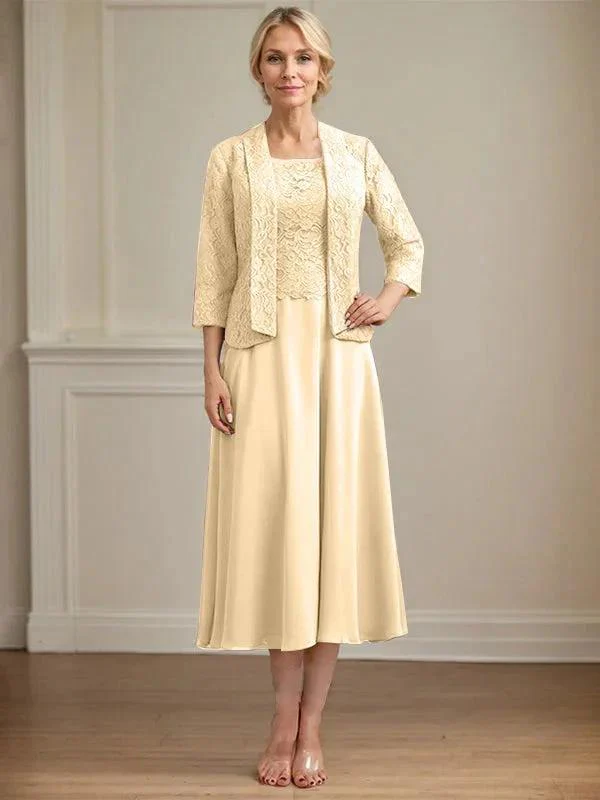 A-line Scoop Tea-Length Lace Chiffon Mother of the Bride Dress - Image 16