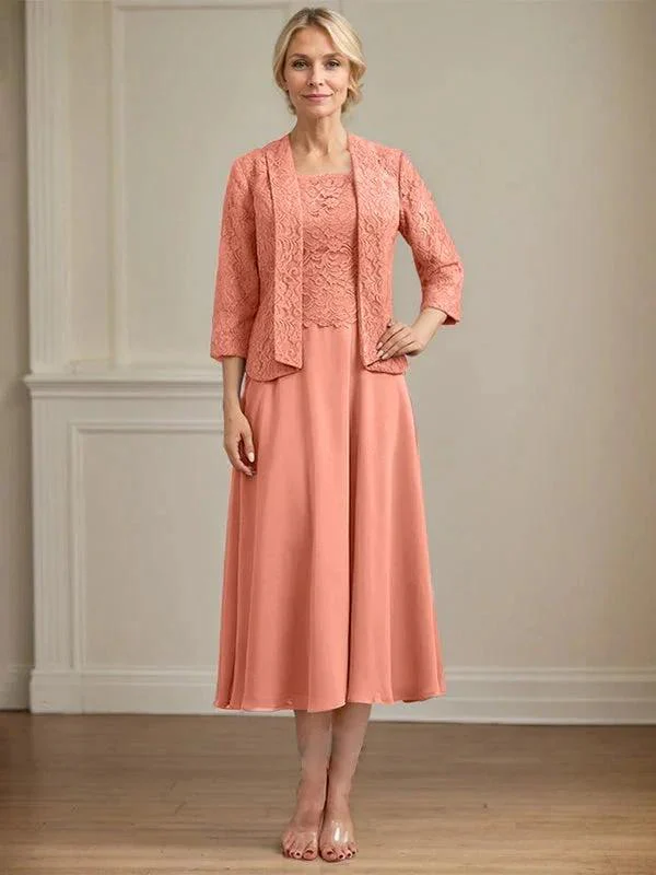 A-line Scoop Tea-Length Lace Chiffon Mother of the Bride Dress - Image 17