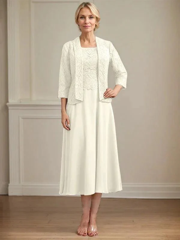 A-line Scoop Tea-Length Lace Chiffon Mother of the Bride Dress - Image 18