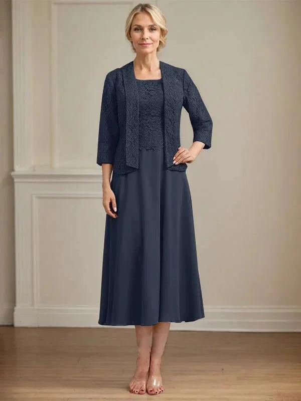 A-line Scoop Tea-Length Lace Chiffon Mother of the Bride Dress - Image 19
