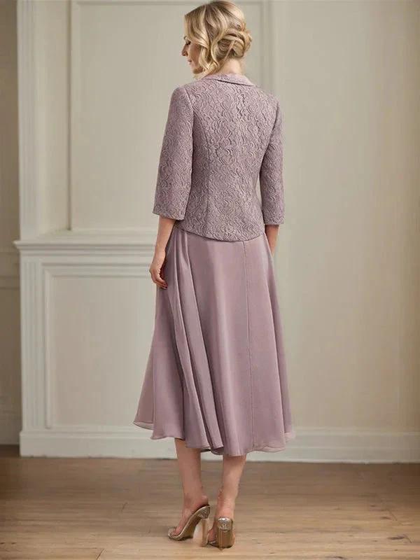 A-line Scoop Tea-Length Lace Chiffon Mother of the Bride Dress - Image 2