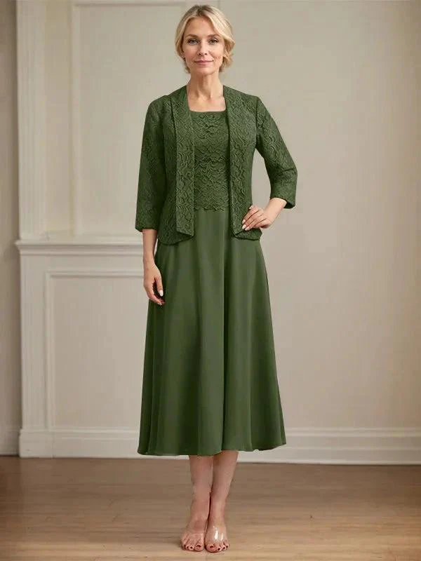 A-line Scoop Tea-Length Lace Chiffon Mother of the Bride Dress - Image 20