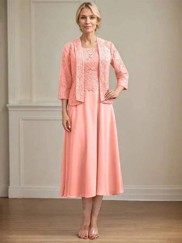 A-line Scoop Tea-Length Lace Chiffon Mother of the Bride Dress - Image 21