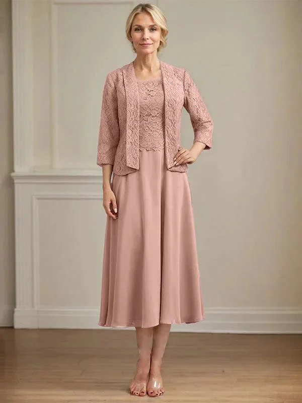 A-line Scoop Tea-Length Lace Chiffon Mother of the Bride Dress - Image 22