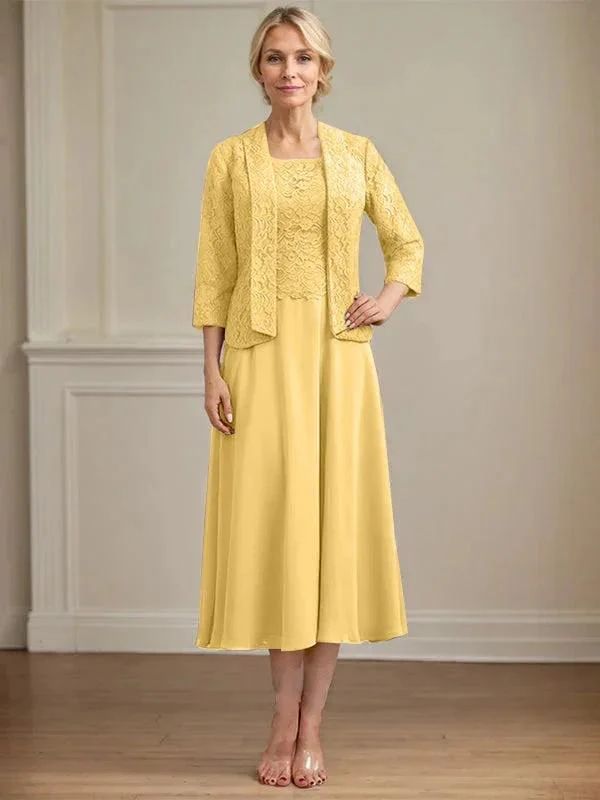 A-line Scoop Tea-Length Lace Chiffon Mother of the Bride Dress - Image 24
