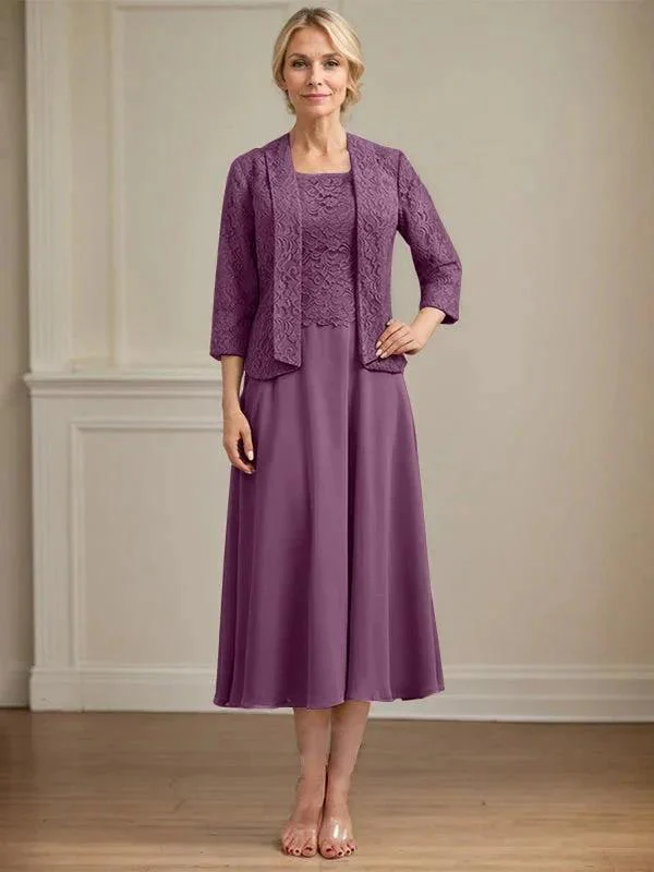 A-line Scoop Tea-Length Lace Chiffon Mother of the Bride Dress - Image 25