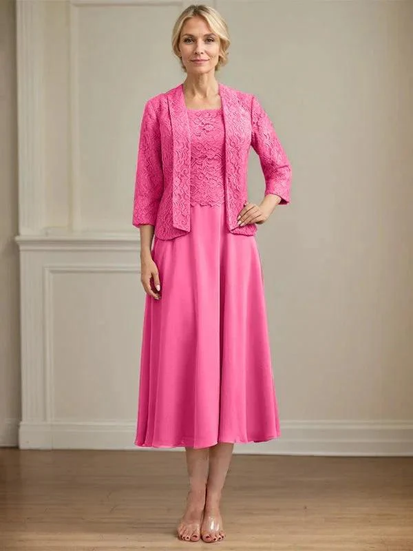 A-line Scoop Tea-Length Lace Chiffon Mother of the Bride Dress - Image 26
