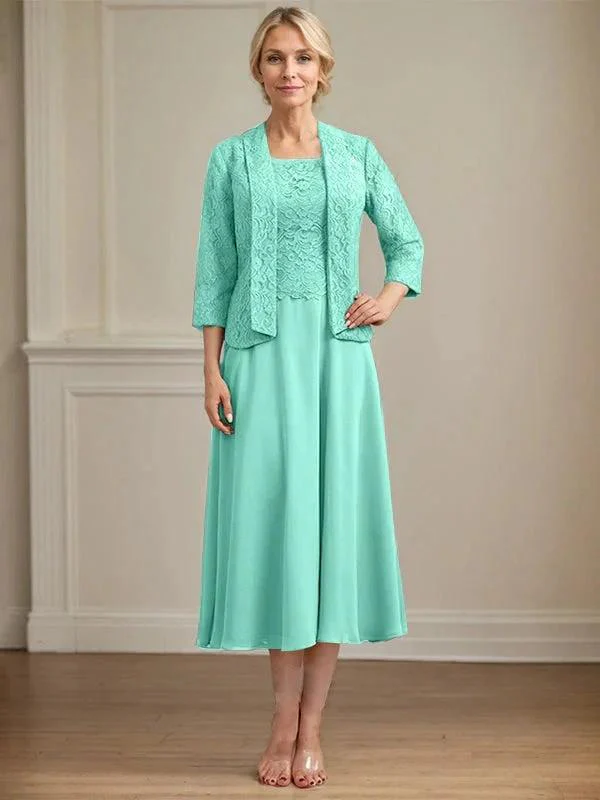 A-line Scoop Tea-Length Lace Chiffon Mother of the Bride Dress - Image 27