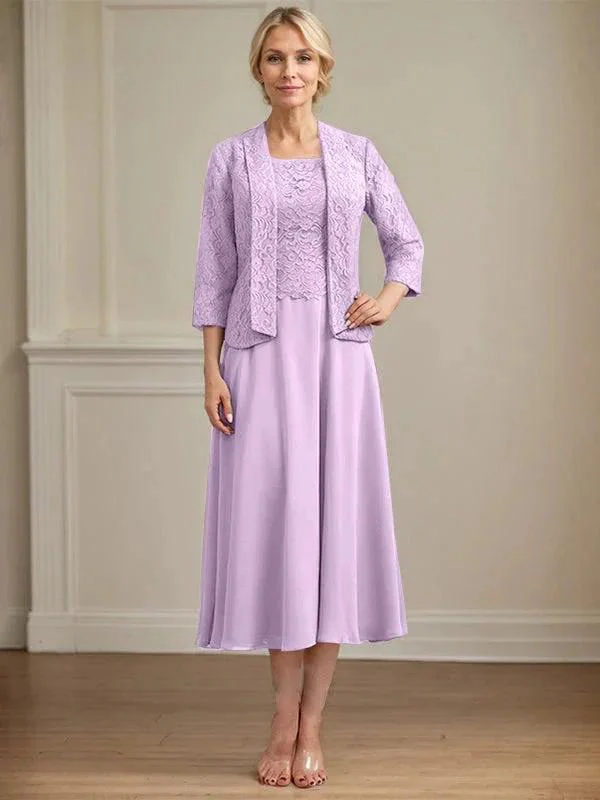 A-line Scoop Tea-Length Lace Chiffon Mother of the Bride Dress - Image 28
