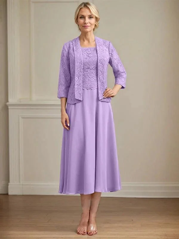 A-line Scoop Tea-Length Lace Chiffon Mother of the Bride Dress - Image 29