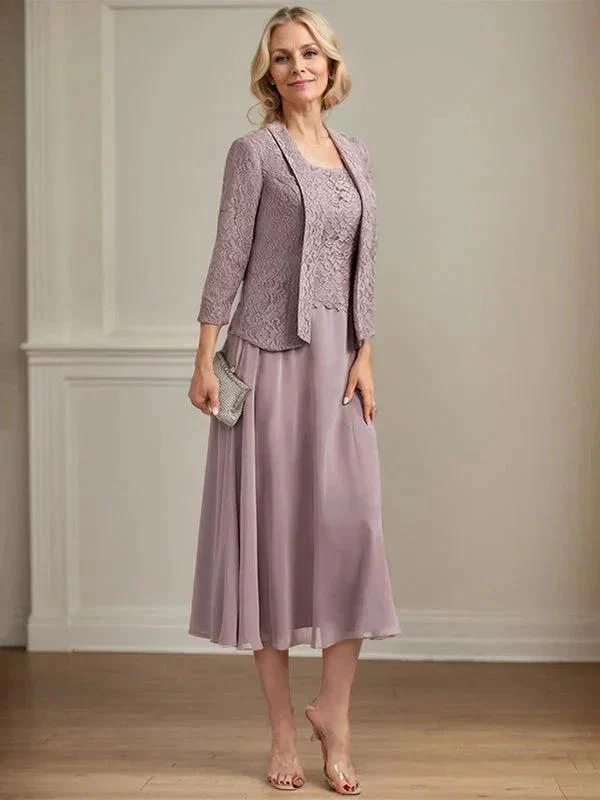 A-line Scoop Tea-Length Lace Chiffon Mother of the Bride Dress - Image 3