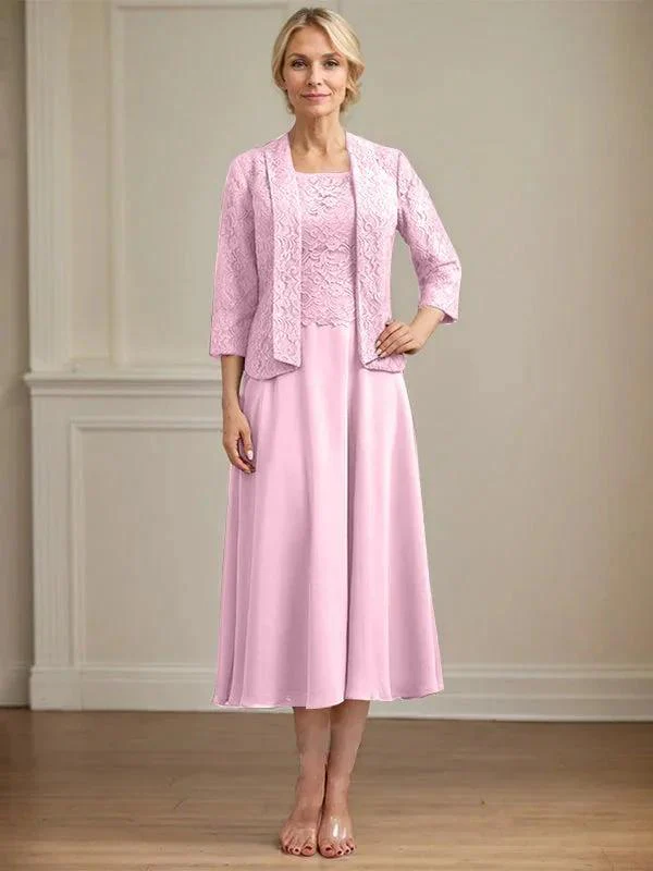 A-line Scoop Tea-Length Lace Chiffon Mother of the Bride Dress - Image 30