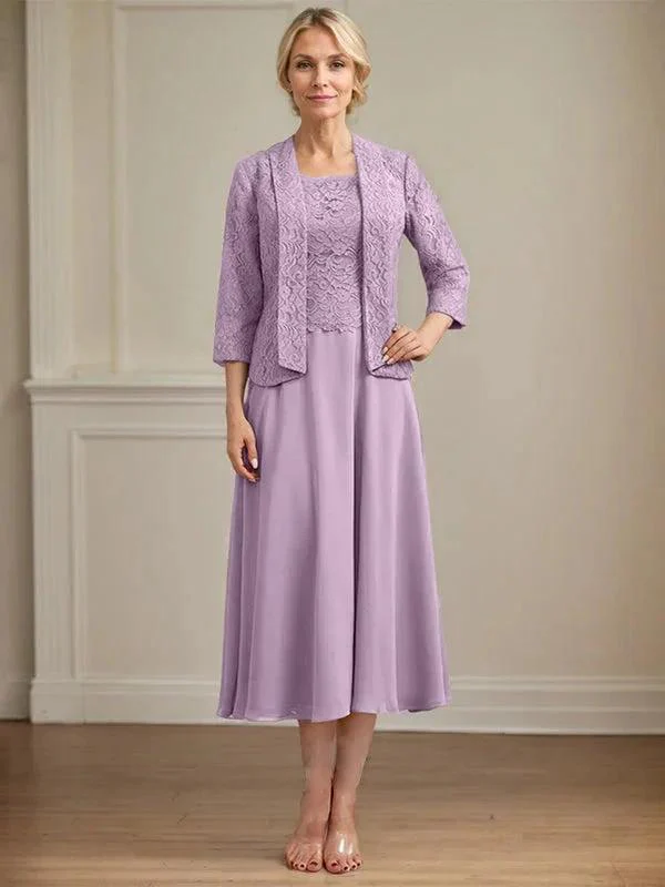 A-line Scoop Tea-Length Lace Chiffon Mother of the Bride Dress - Image 31