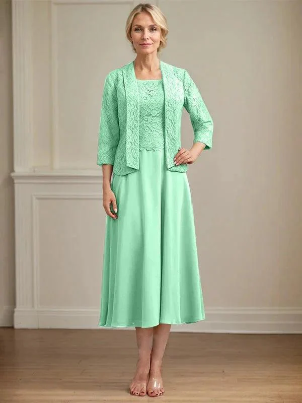 A-line Scoop Tea-Length Lace Chiffon Mother of the Bride Dress - Image 32