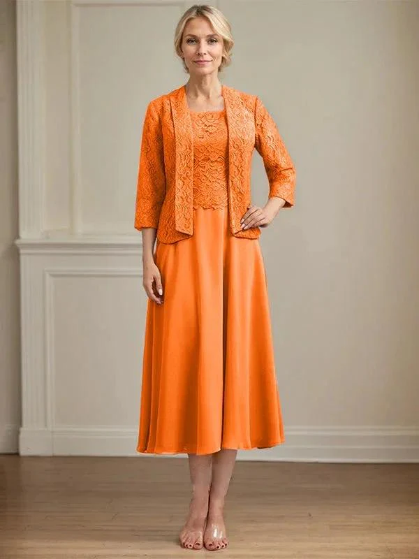 A-line Scoop Tea-Length Lace Chiffon Mother of the Bride Dress - Image 33