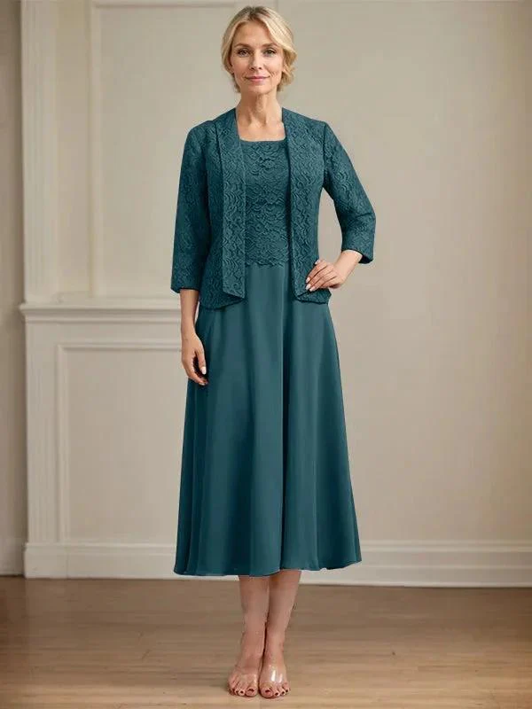 A-line Scoop Tea-Length Lace Chiffon Mother of the Bride Dress - Image 34