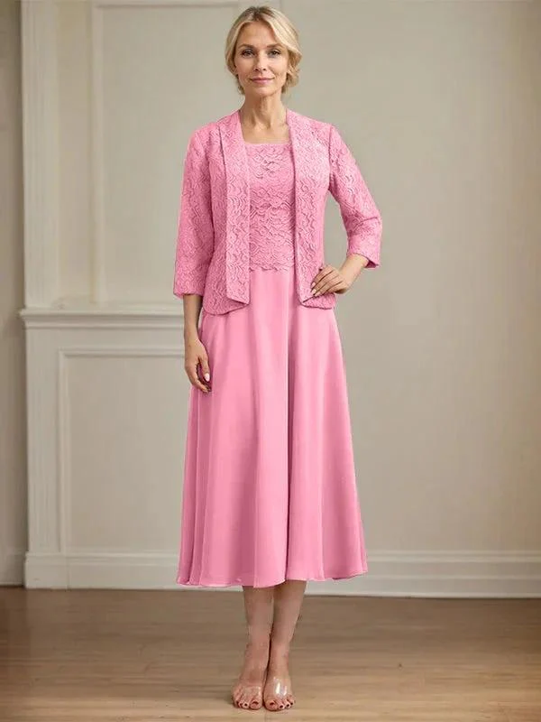 A-line Scoop Tea-Length Lace Chiffon Mother of the Bride Dress - Image 35