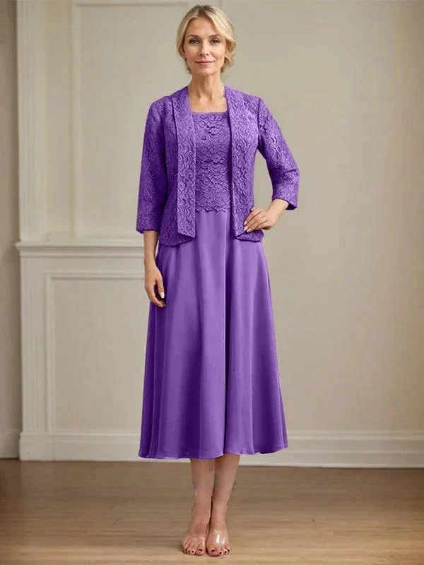 A-line Scoop Tea-Length Lace Chiffon Mother of the Bride Dress - Image 36