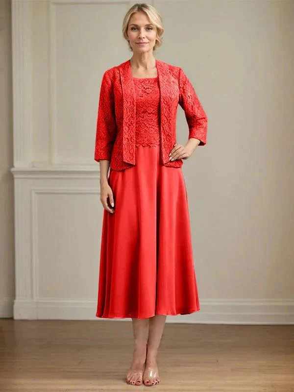 A-line Scoop Tea-Length Lace Chiffon Mother of the Bride Dress - Image 37