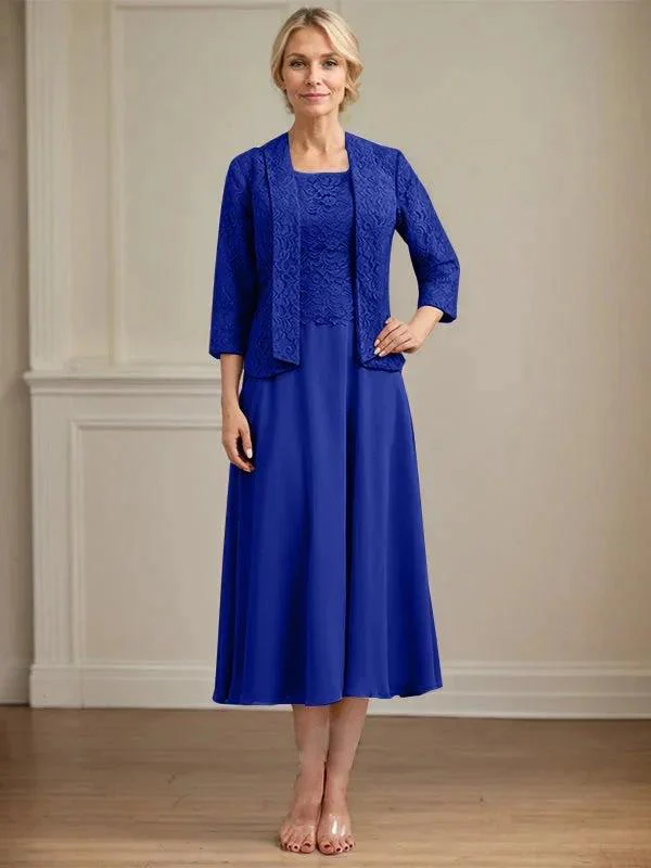 A-line Scoop Tea-Length Lace Chiffon Mother of the Bride Dress - Image 38