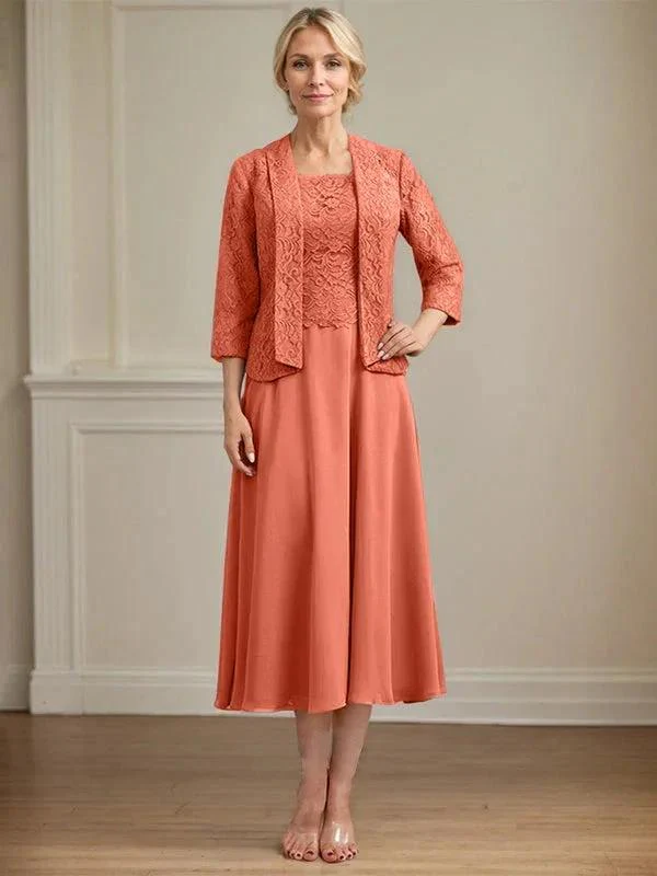 A-line Scoop Tea-Length Lace Chiffon Mother of the Bride Dress - Image 39