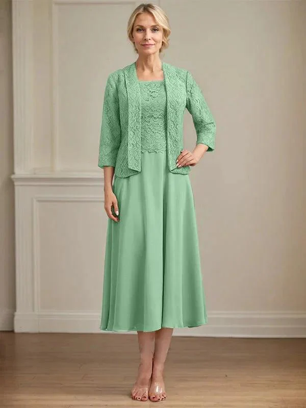 A-line Scoop Tea-Length Lace Chiffon Mother of the Bride Dress - Image 40
