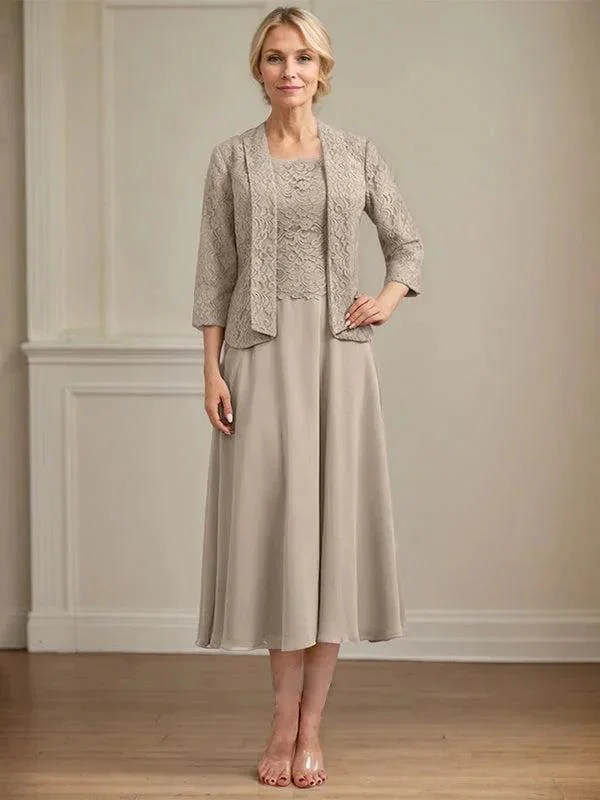 A-line Scoop Tea-Length Lace Chiffon Mother of the Bride Dress - Image 41