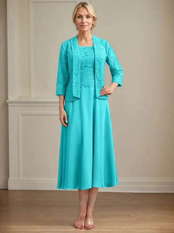 A-line Scoop Tea-Length Lace Chiffon Mother of the Bride Dress - Image 43